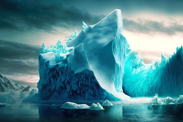 Photo huge floating iceberg with sharp peaks and snowwhite peak on cloudy day