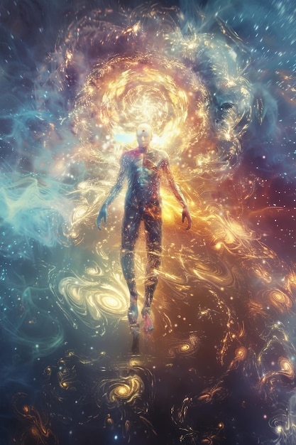 Photo human body in space surrounded by stars and nebula 3d rendering