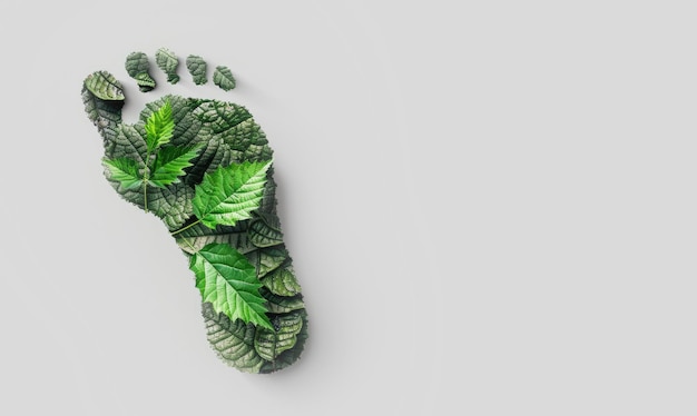 Photo human footprint with a green plant pattern isolated on a gray background earth day