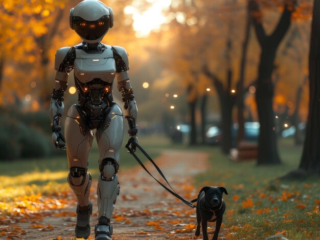 Human like robot walking a dog in the park future of pet care