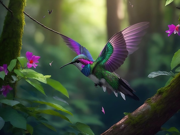 A humming bird is collecting honey from the forest