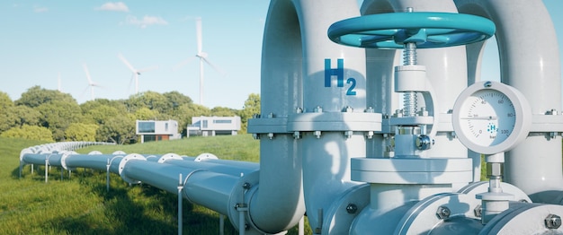 A hydrogen pipeline to houses illustrating the transformation of the energy sector towards clean carbonneutral safe and independent energy sources to replace natural gas in homes