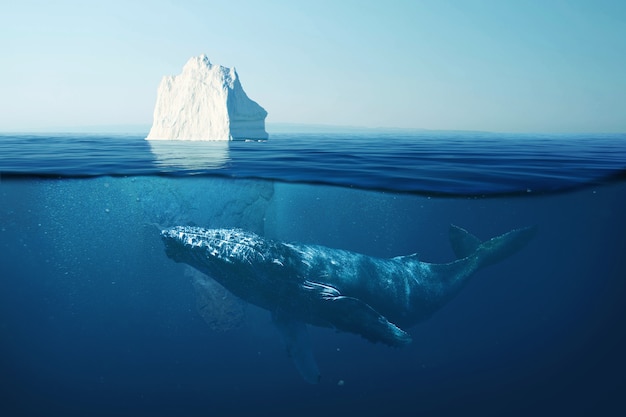 Iceberg in the ocean under water with a whale. Wild life at sea. A beautiful whale swims underwater with an iceberg. Global warming, concept