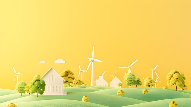 Idyllic landscape with wind turbines and houses under a golden sky