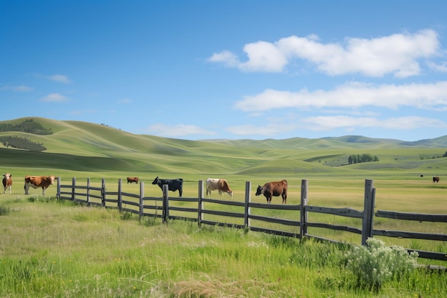 Photo idyllic pastoral scene with grazing cattle on rolling green hills