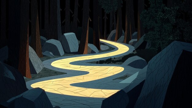 Photo illuminated path through dark forest