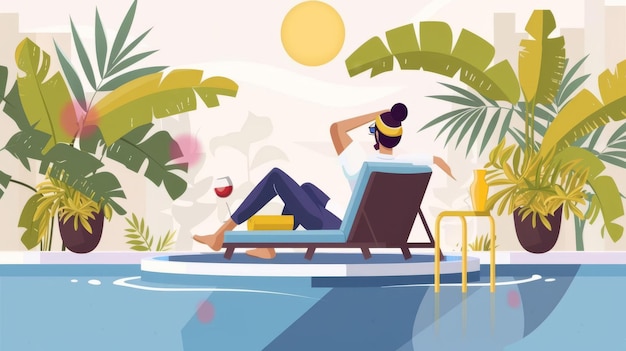 Photo illustrate a rear view poolside relaxation scene with a flat design style ensuring a peaceful ambiance include ample copy space in the background