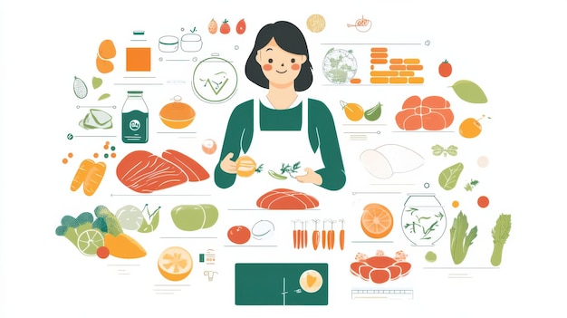 Photo illustrated infographic showcasing healthy food choices with a woman preparing fresh vegetables and meats in a colorful and informative design