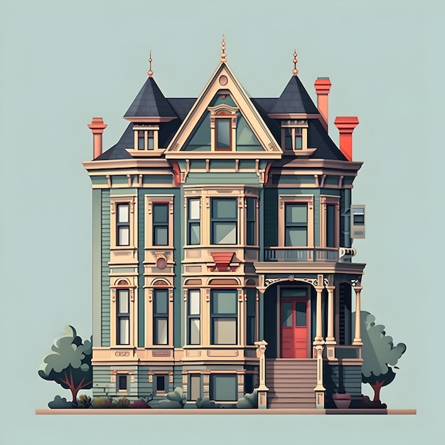 Photo illustrated victorian house with ornate bay window and triadic color scheme