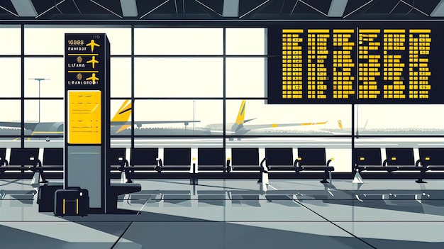 Foto illustrazione di un pannello informativo analogico nero e giallo di un aeroporto grande contorno grafico illustratore stile cartone animato ar 169 job id 5fca1902d813433586fe188d0c996ba5