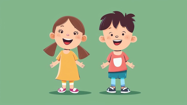 Photo illustration of a cartoon girl and boy standing sidebyside against a green background both are smili