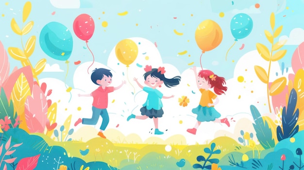 Photo illustration of children running and playing with balloons in a vibrant outdoor setting expressing joy and freedom