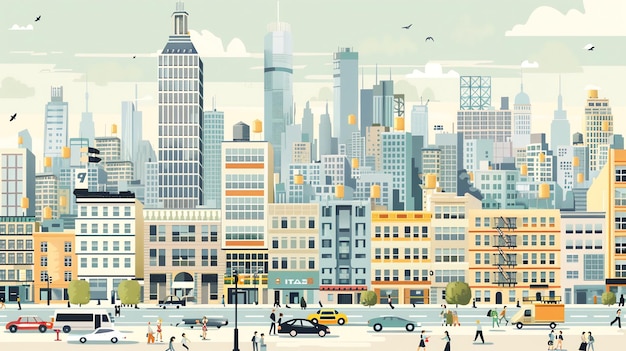 Illustration of a city street with buildings and people