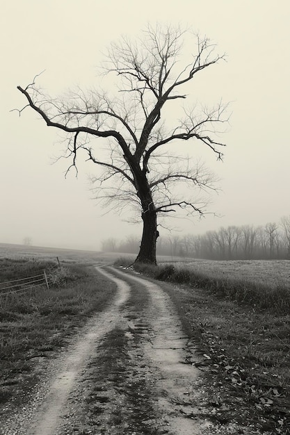 Photo illustration dead tree alone on the country road