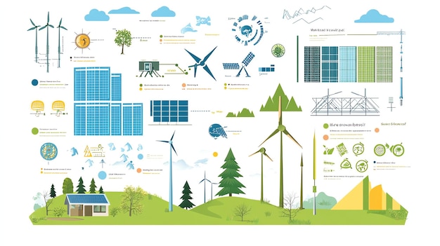 Photo illustration of different types of green energy with wind turbines solar panels and other energyefficient designs