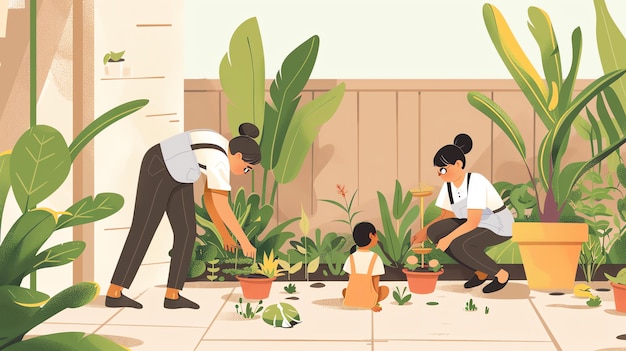 Photo an illustration of a family gardening together outside