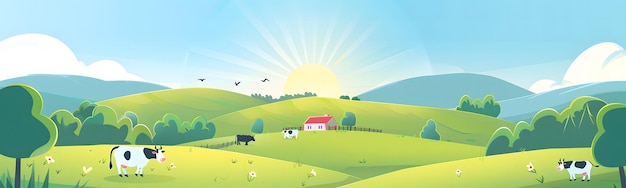 Photo illustration of a farm with green hills and cows in the background