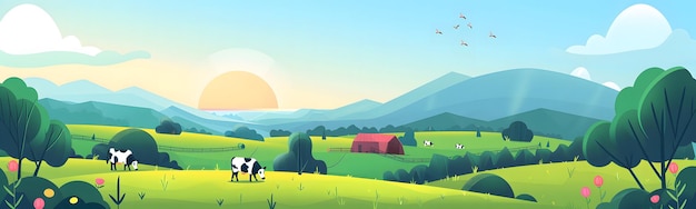 Photo illustration of a farm with green hills and cows in the background