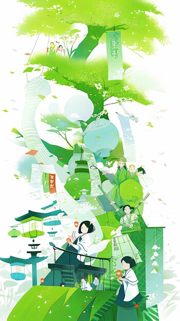 illustration japanese green day in blue