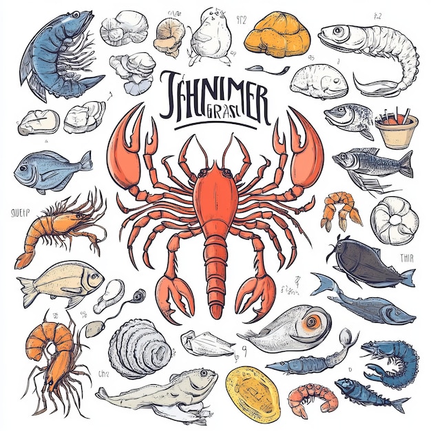 Photo illustration of a lobster surrounded by a variety of seafood including fish shrimp clams and mussels