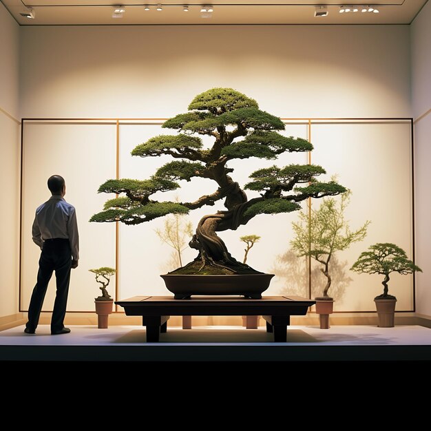 Photo illustration of a man standing next to a bonsai treechinesein a muse