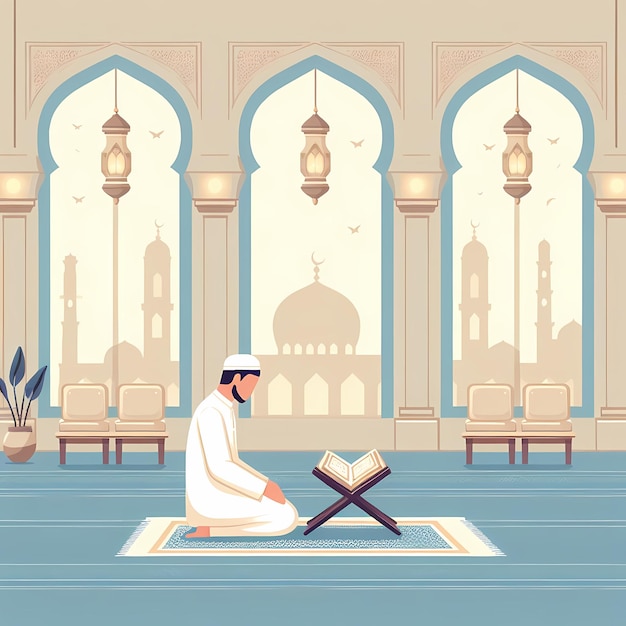 Photo illustration of a muslim in the mosque reads the holy quran with reverence