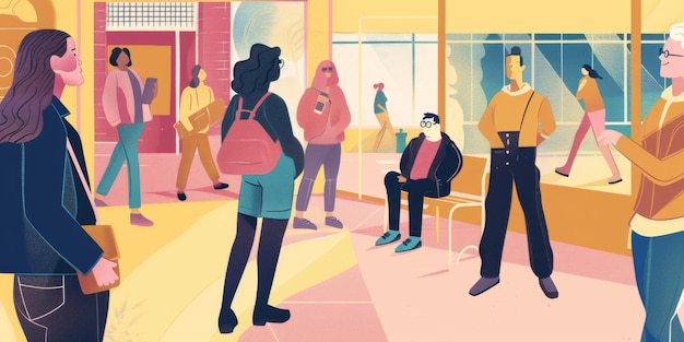 Photo an illustration of people in a waiting room with one of them wearing a backpack