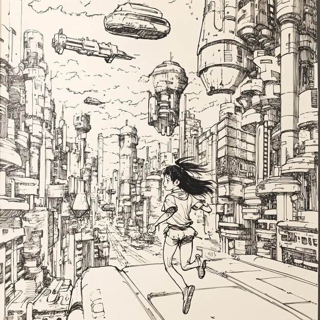 Photo illustration of a young girl running on a city street sketch