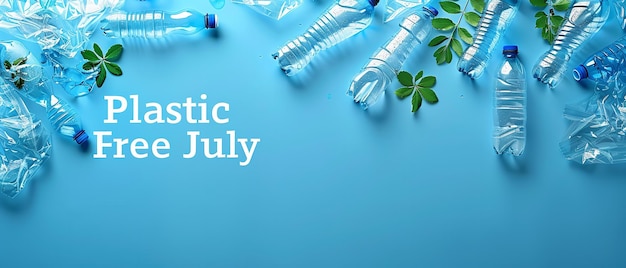 Photo an illustrative work of plastic free july over a blue backdrop and a big space with plastic bottle and products a background poster or printing purpose generative ai