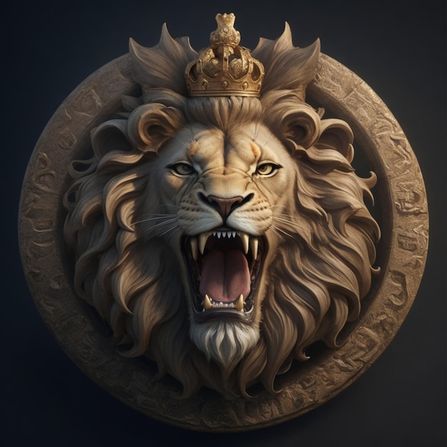 Image of a halfcrown lion's head roaring dimensional facing forward with a circular ring hd 9