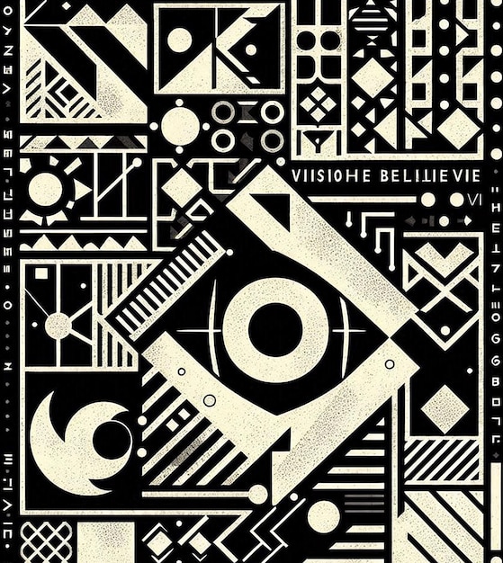 Image is a black and white graphic with a variety of geometric shapes and patterns centered around