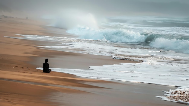 The image is of a person sitting on a beach with the ocean in front of them