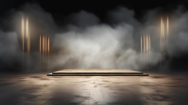 Immerse yourself in an ethereal world empty dark stage transformed with mist fog and brown spotlights perfect for showcasing artistic works and products generative ai Generative AI