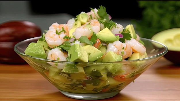 Indulge in the perfect combination of creamy avocado and succulent shrimp with this mouthwatering ceviche dish enhanced with zesty lime and a dash of spice Generated by AI