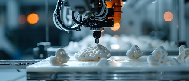 An industrial 3D printer is printing multiple white objects