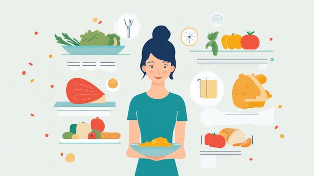 Foto infografica di una donna con alimenti a dieta equilibrata tra cui verdure frutta e cereali concetto di alimentazione sana con componenti alimentari illustrati e tabella nutrizionale