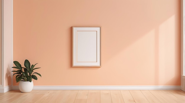 Photo inimalist vertical wooden frame poster on peach wall mockup design