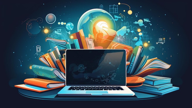 Innovative study tools technology inspired graphic with laptop and books on dark background