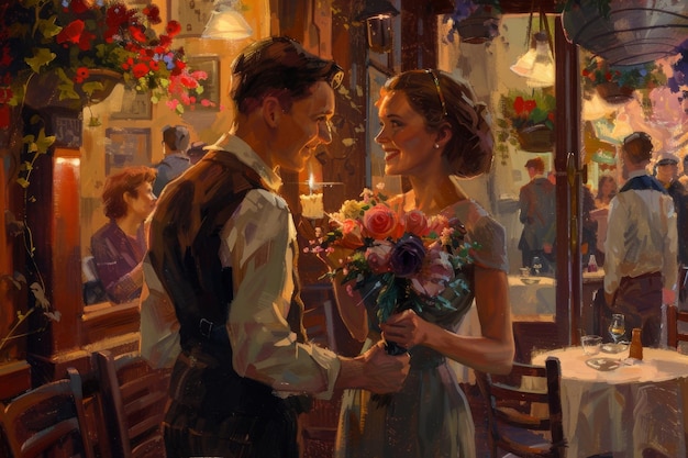 Photo inside a charming cafe a couple embraces holding a beautiful bouquet of flowers capturing a moment of romance a husband surprising his wife with a bouquet of flowers in a quaint cafe ai generated