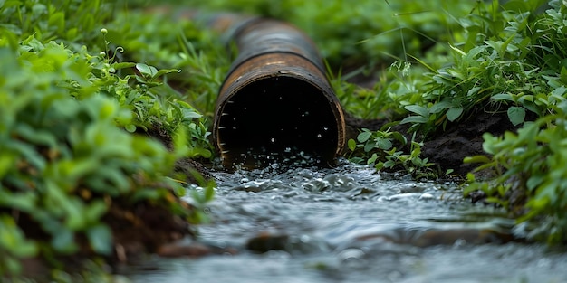 Photo intake pipe in drainage ditch with flowing water and surrounding vegetation concept drainage ditch intake pipe flowing water vegetation