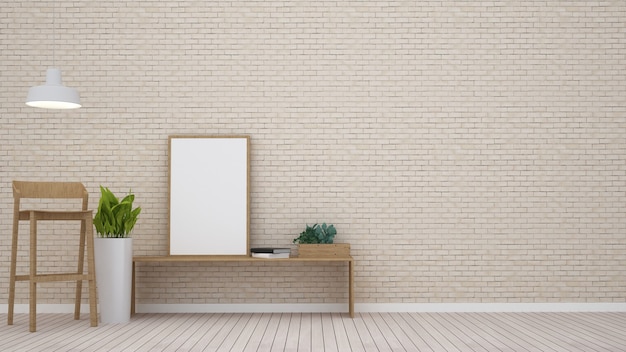 Photo interior 3d living minimal space and brick wall decoration - 3d rendering