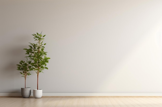 Photo interior of living room apartment with decorative plants and large window and blank empty wall