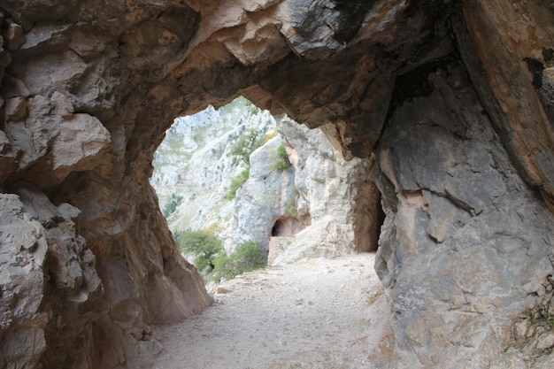 Interior of a tunnel on the trail in the Picos de Europa on the route of Cares Asturias vertical photo