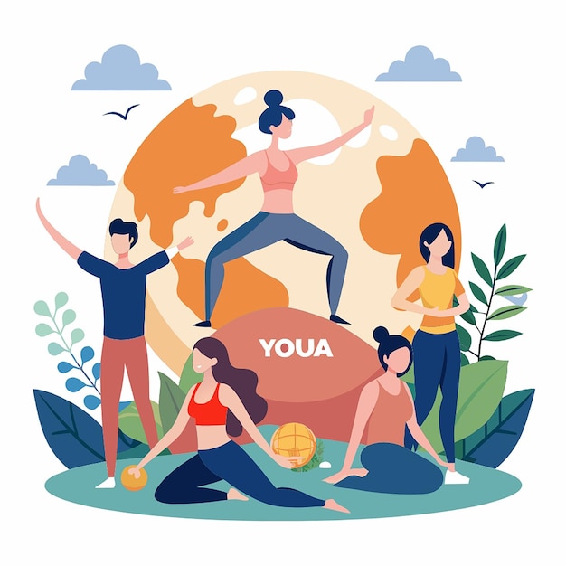 Photo international yoga day text sunrise background with world globe vector illustration group of people stretching body and doing yoga