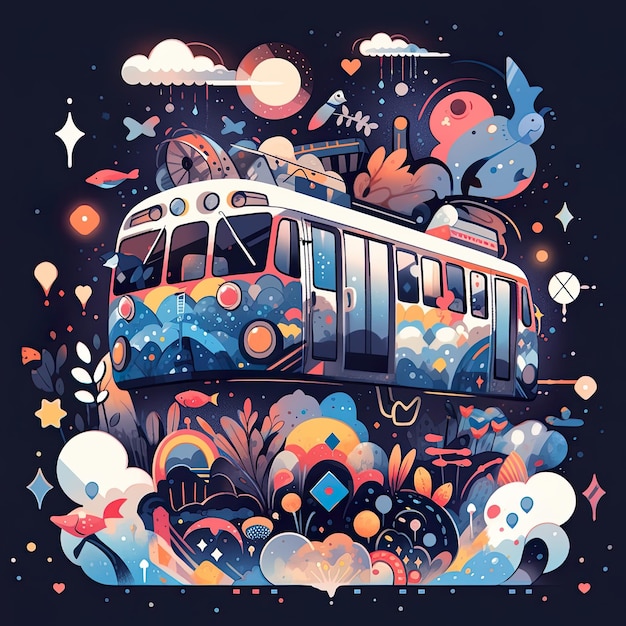 Photo intricate pen illustration of bus filled with cartoon characters in clouds