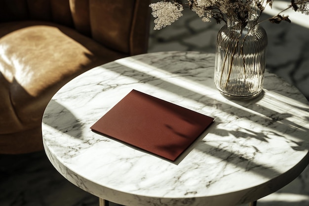 Photo invitation card mockup on a marble table