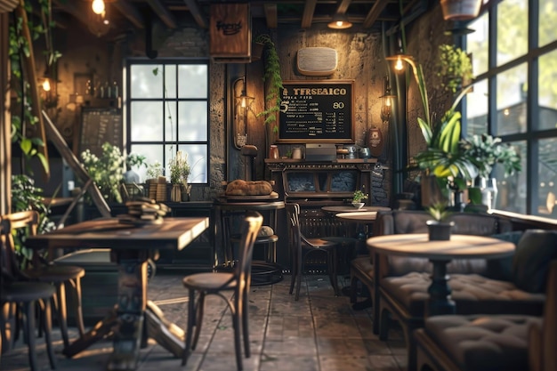 An inviting coffee shop with rustic tables and a cozy atmosphere