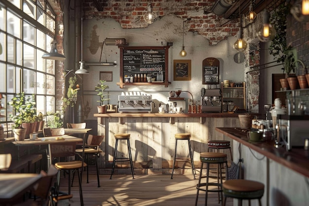 An inviting coffee shop with rustic tables and a cozy atmosphere