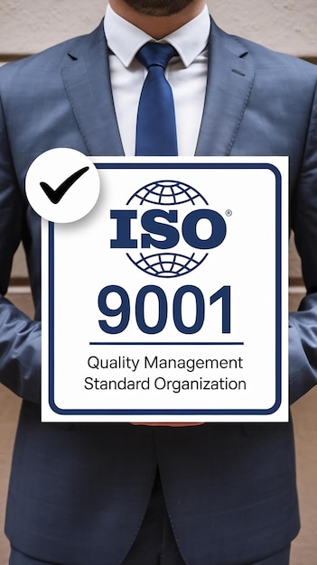 Foto certificazione dell'organizzazione internazionale di gestione della qualità iso 9001 con distintivo di casella di controllo a