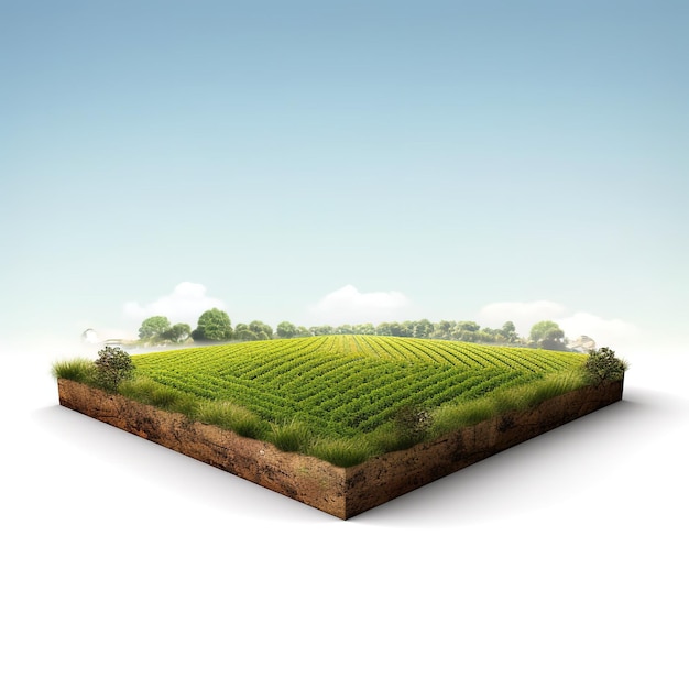 Photo isolated farm field with green crops on cutaway piece of land isolated with clouds empty green